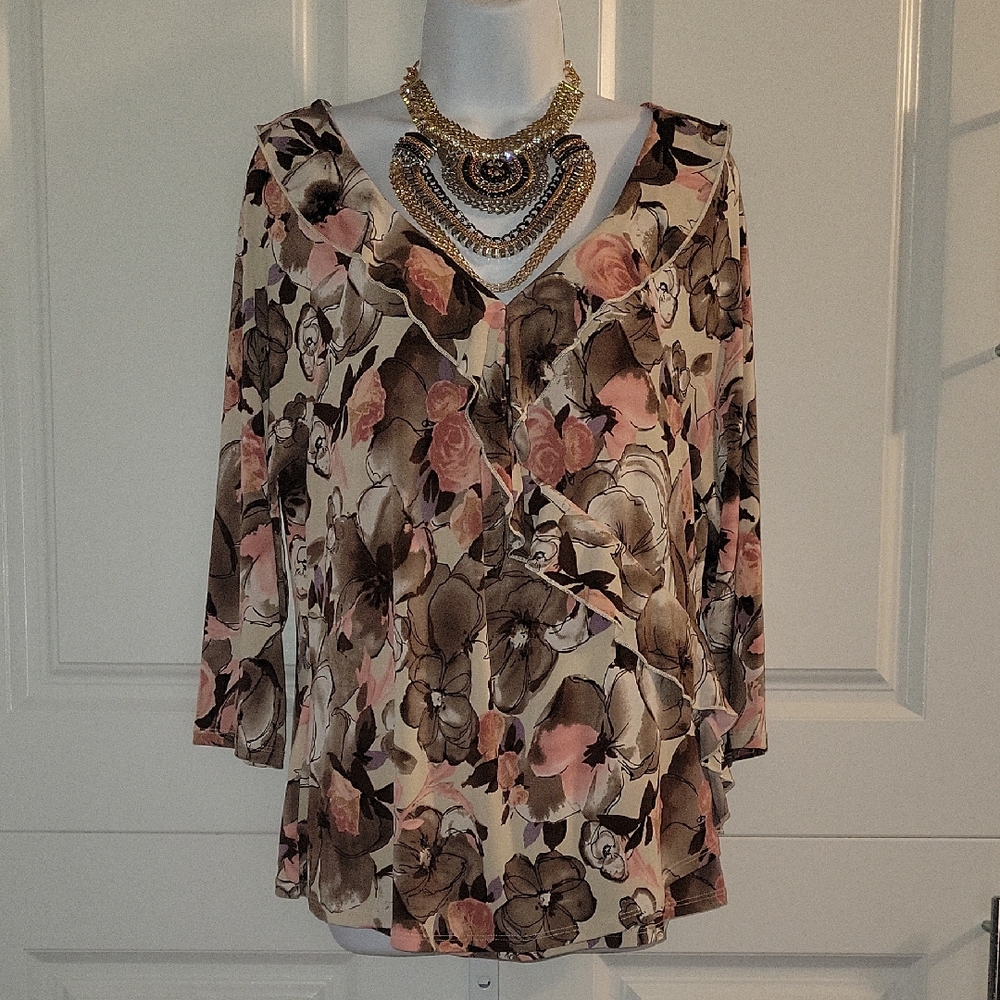 Floral V-Neck Blouse - Pink and Brown